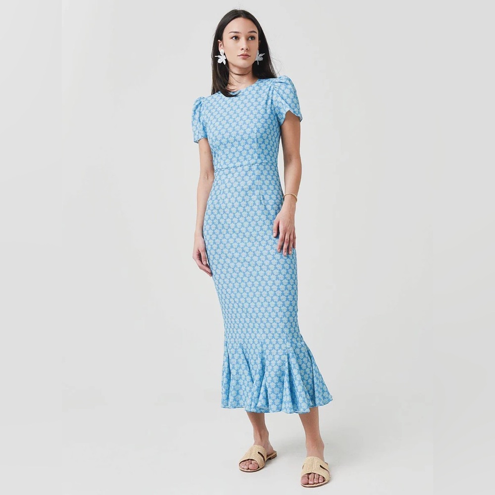 RHODE Light Blue Printed Puff Sleeve Midi Dress